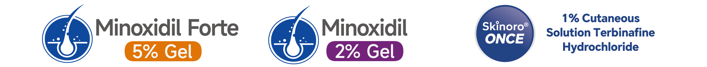 Minoxidil Forte 5% · Minoxidil 2% Gel · Skinoro ONCE Terbinafine